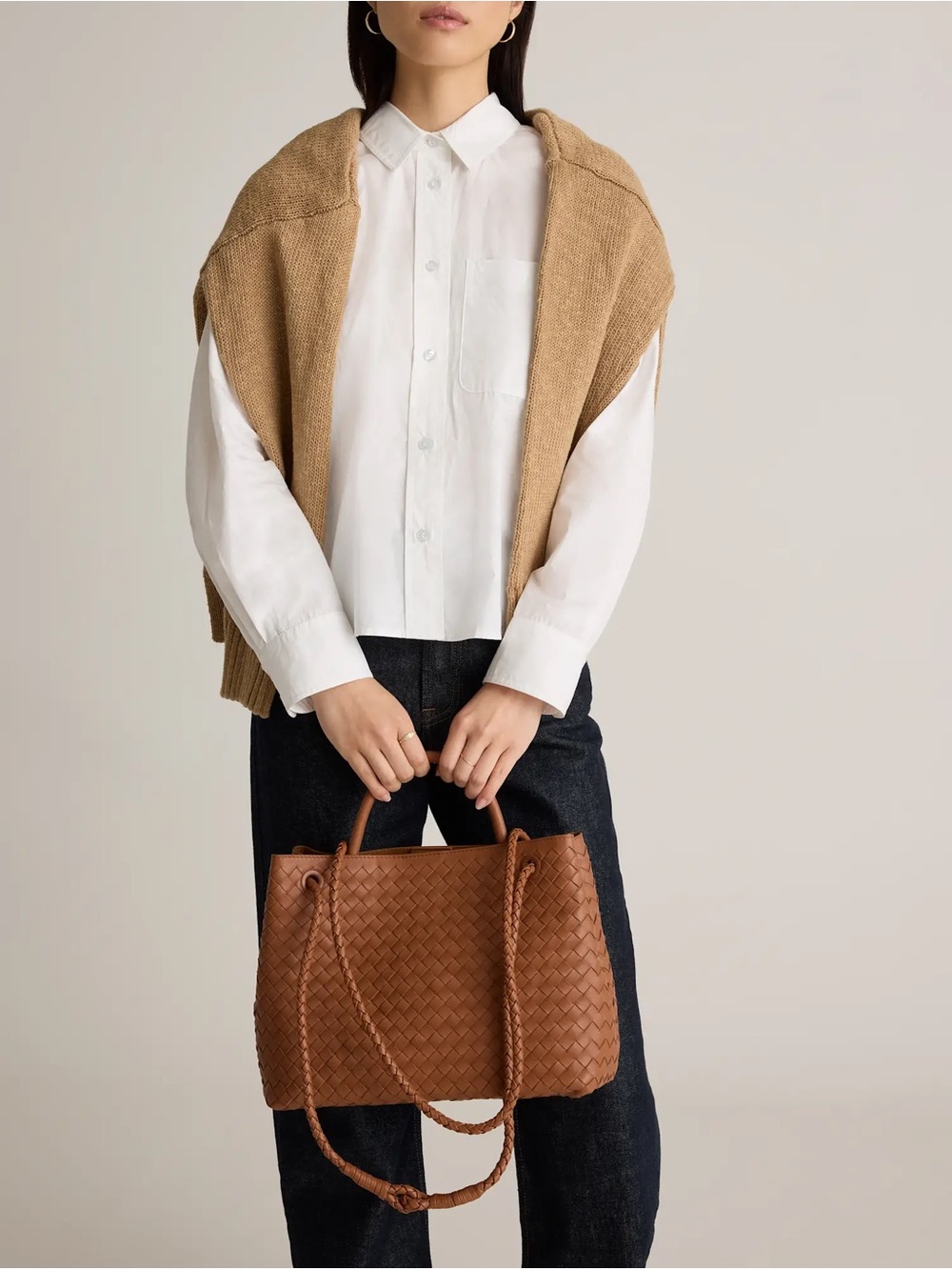 Quince Italian Leather Handwoven Large Satchel Cognac Color - Picture 2 of 14